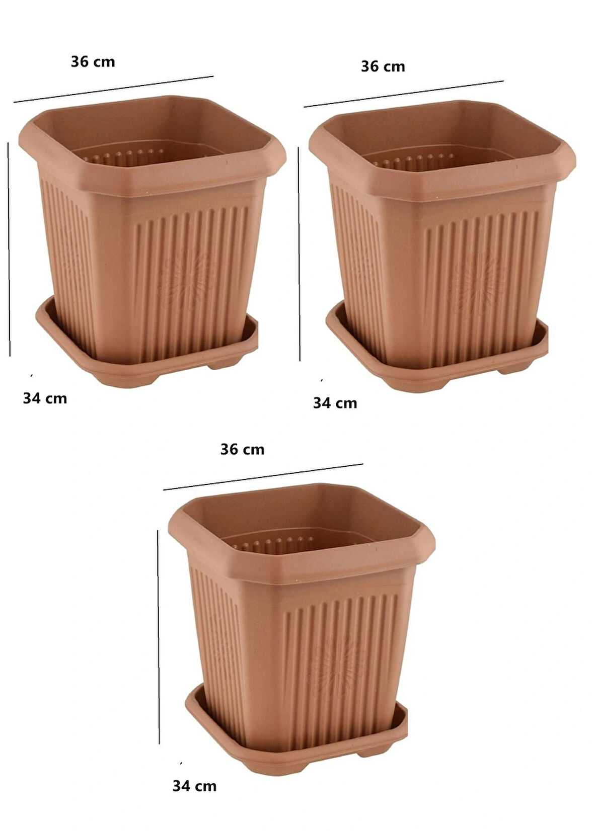 3 adet 25 Litre Plastik Kare Büyük Boy Bahçe Balkon Salon Çiçek Yada Ağaç Saksı 36*36*34 cm Tabaklı