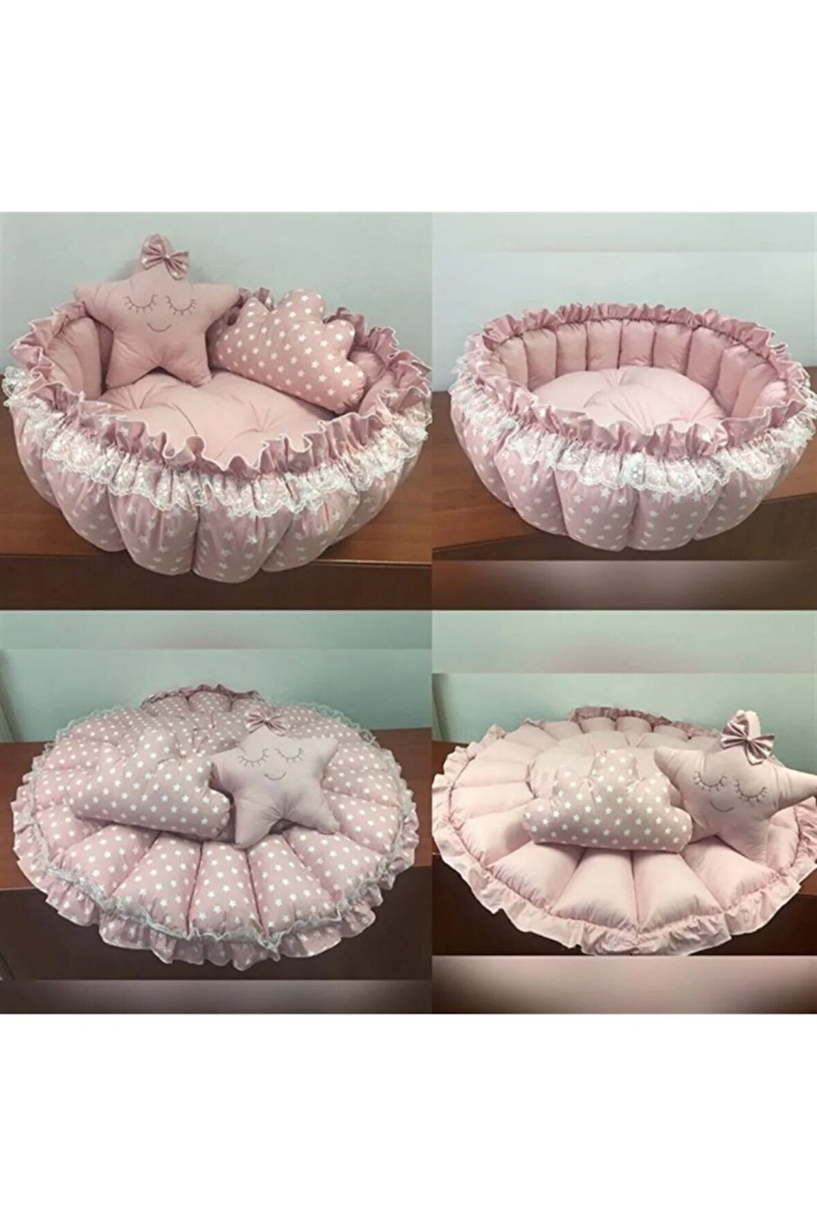 Pudra Yıldızlı Tasarım Açılır Kapanır Oyun Minderi Bebek Yuvası Jaju-babynest Anne Yanı