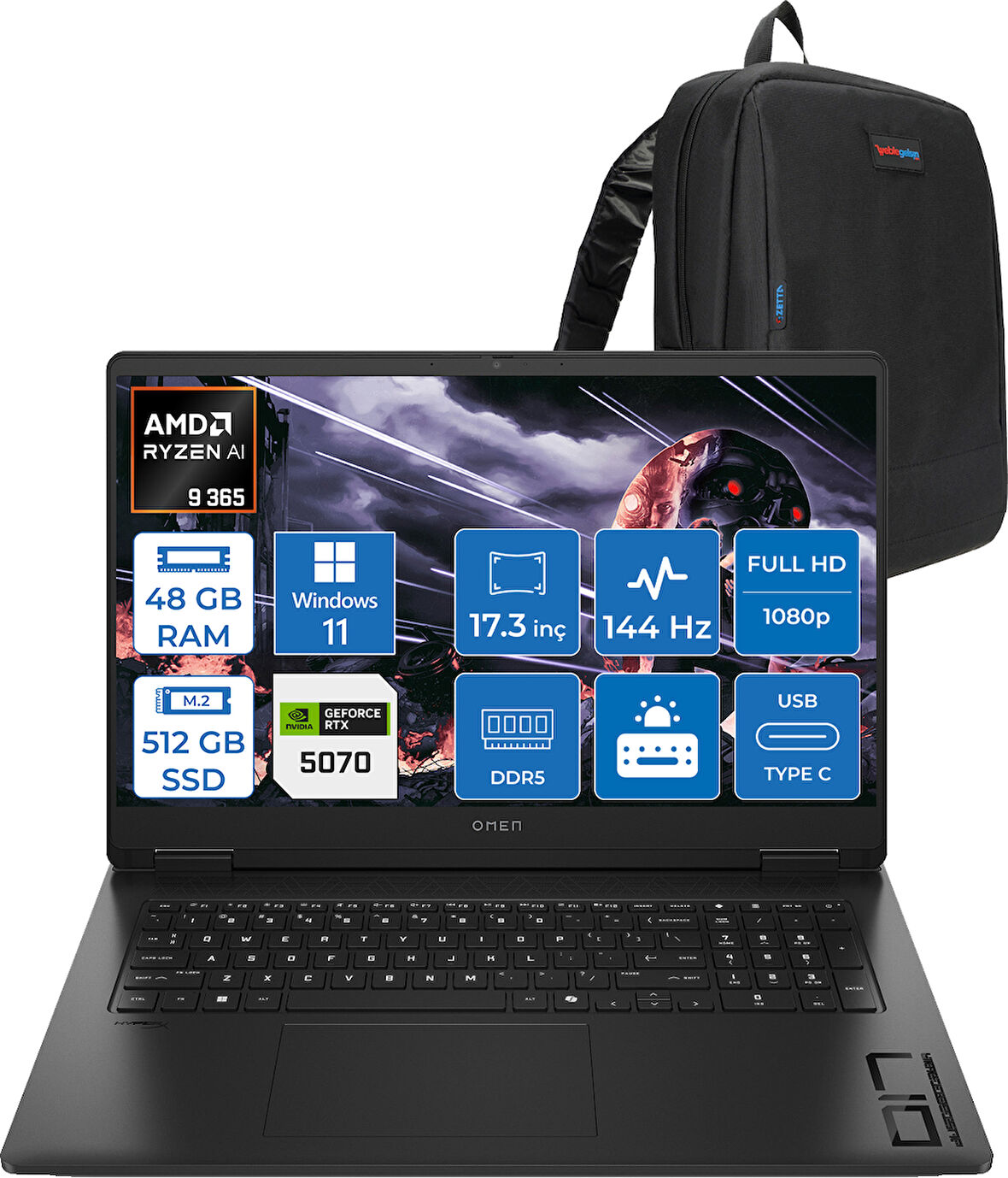 Hp Omen 17-DB1003NT Amd Ryzen Aı 9 365 48GB Ddr5 512GB SSD RTX5070 8gb Gddr7 17.3 Inç Fullhd (1920 x 1080) 144Hz 7ms 300NITS IPS Windows 11 Pro Taşınabilir Bilgisayar C67G1EAP25 + Zetta Çanta