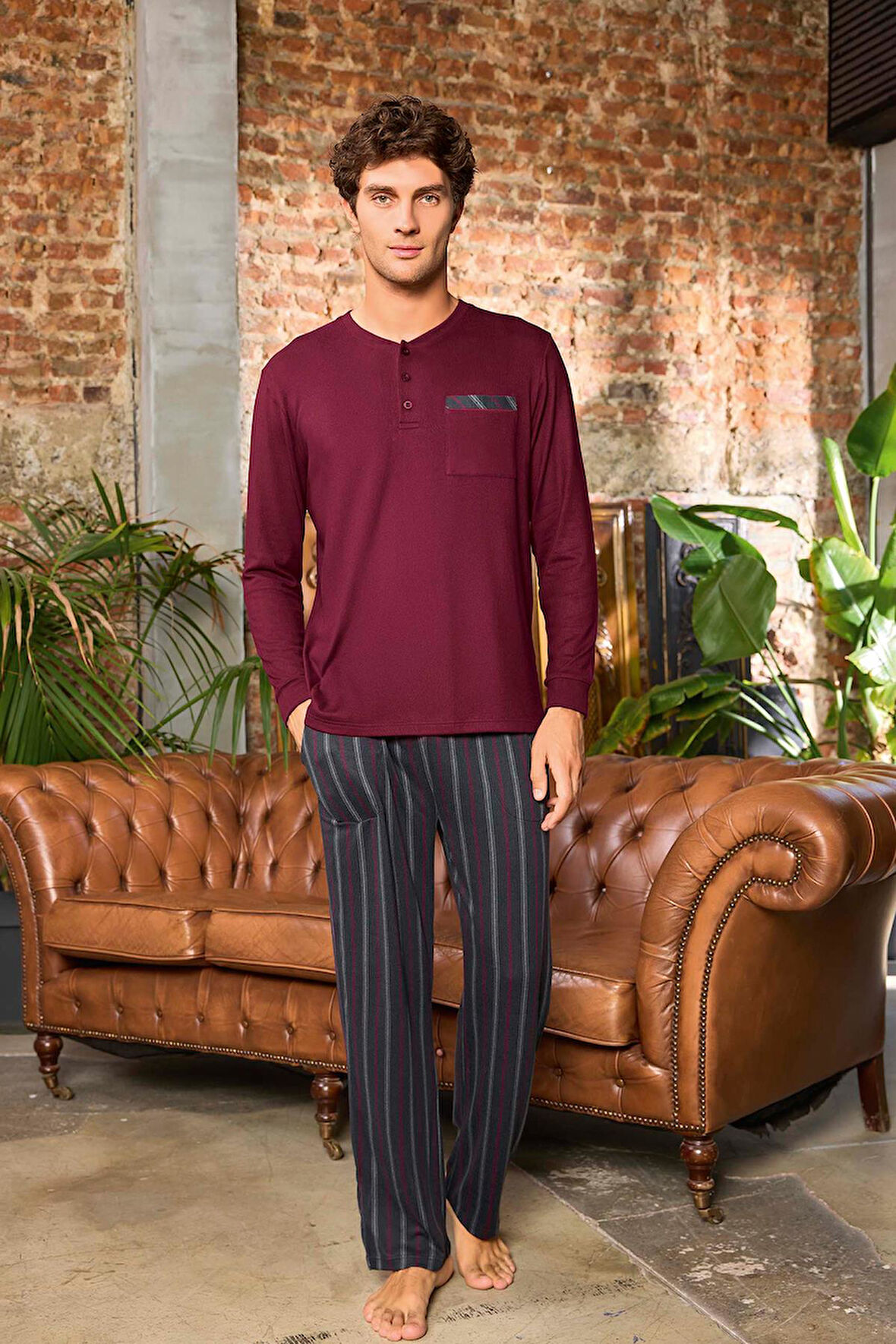 Aydoğan Erkek Aras Kışlık Termal Rahat Bordo Pijama Takımı 0535