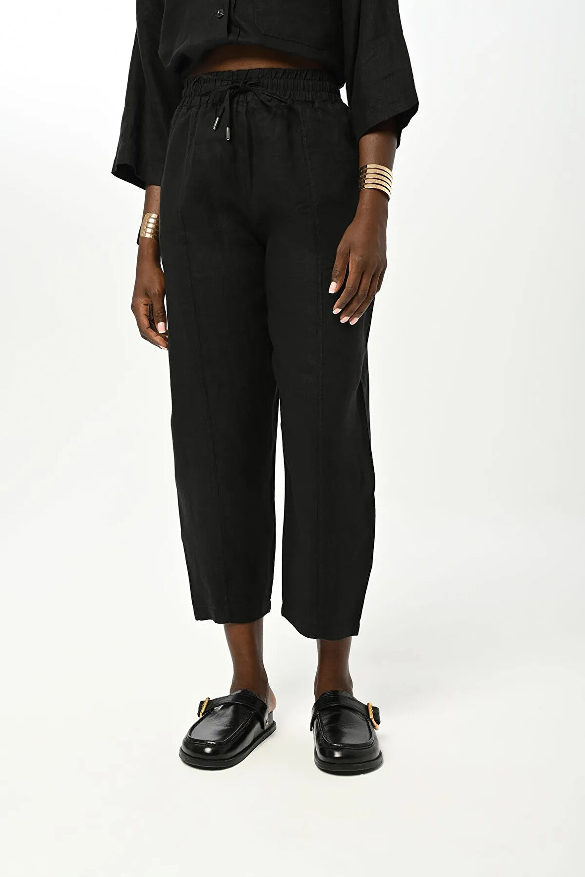 KADIN BELİ LASTİKLİ RAHAT KALIP DÜZ RENK KETEN PANTOLON