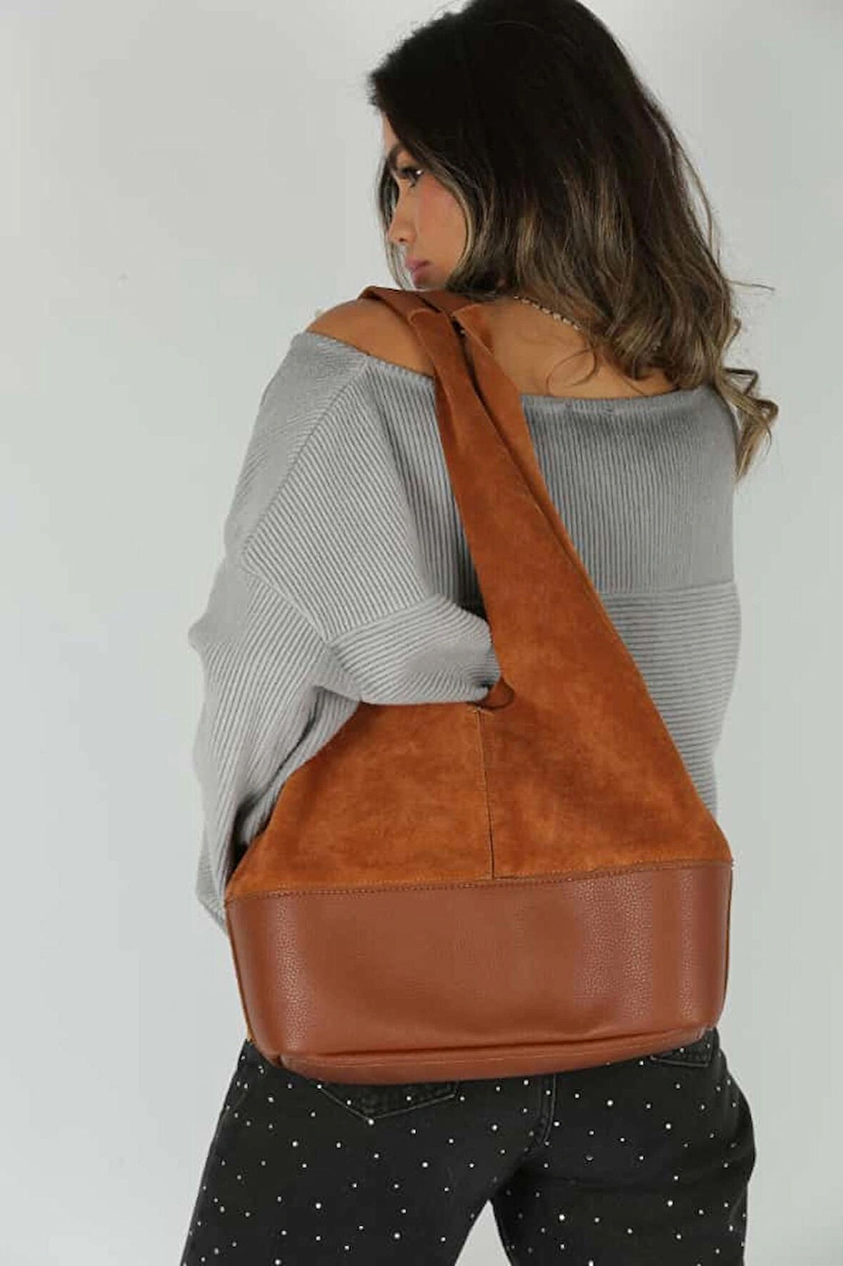 Taba Süet Ek Portföylü Büyük Boy Omuz Çantası