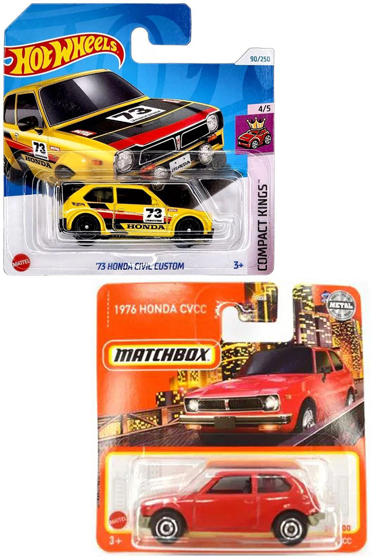 2 Araç Honda Civic Custom Set - Sarı & Kırmızı (1/64) Hot Wheels  '73 & Matchbox 1976 CVCC