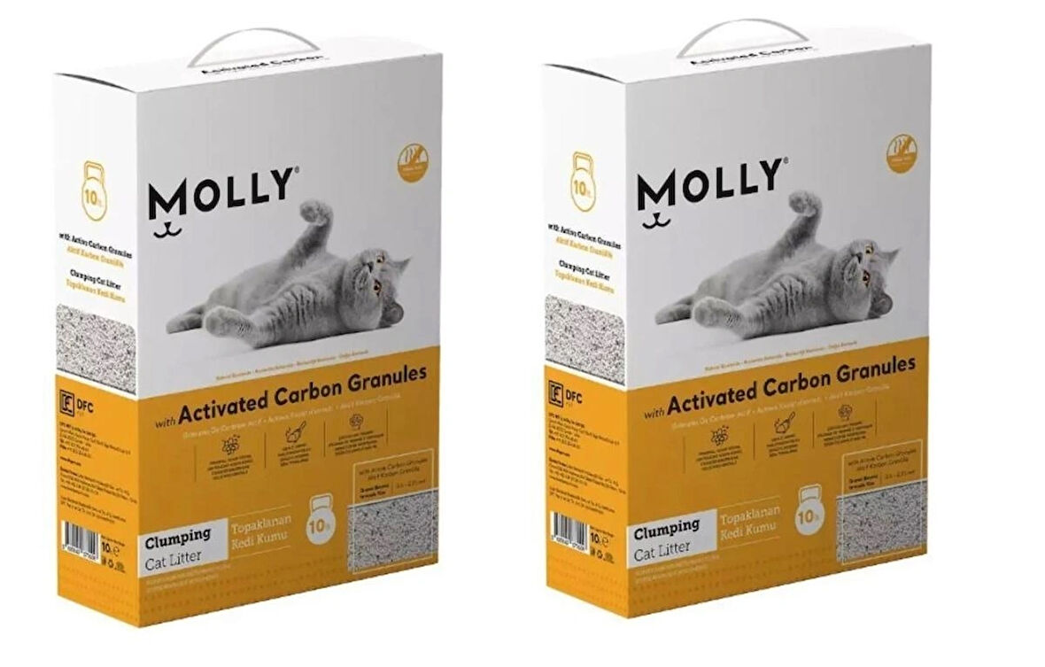 Molly Aktif Karbonlu Granüllü Topaklanan Kedi Kumu 10 Lt. X 2 Adet