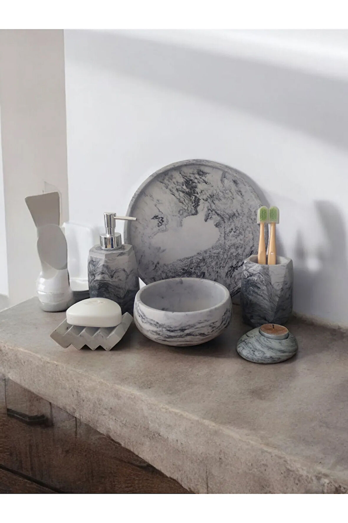 Mermer Desen Antrasit Serisi Beton Banyo Seti,tepsi,havluluk,katı Ve Sabunluk,diş Fırçalık,mumluk