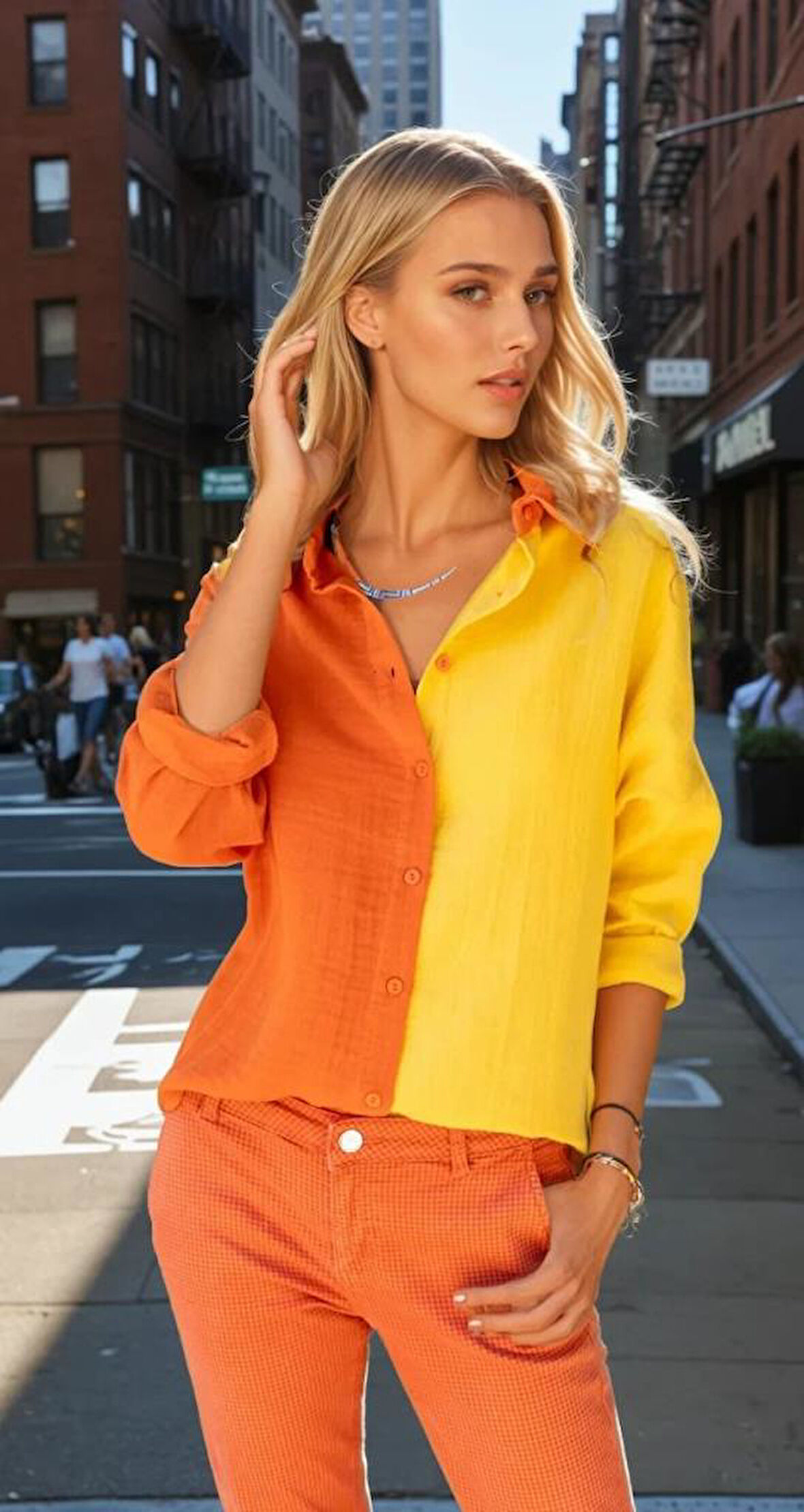 Kadın Müslin %100 Pamuk Salaş Color Block Iki Renkli Uzun Kollu Gömlek 3458240