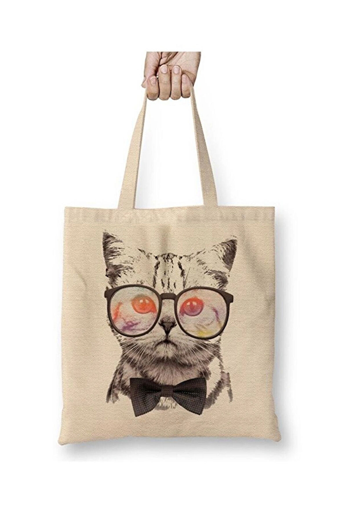 Miau Cat Kedi Beyaz Bez Çanta Uzun Saplı Alışveriş Çantası Plaj Çantası