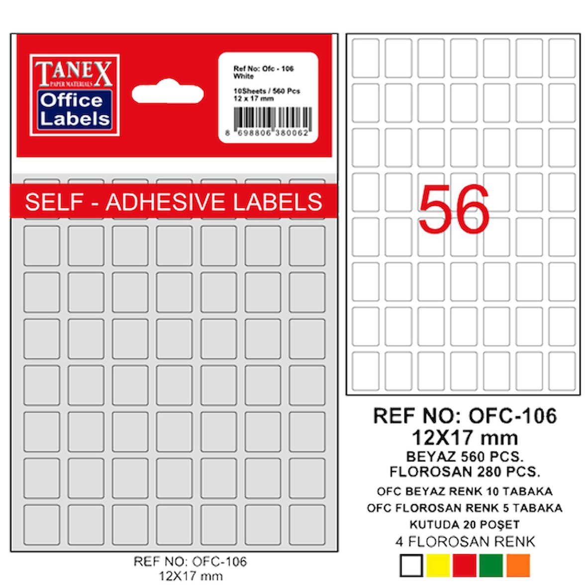 Tanex Ofis Etiketi Poşetli 12x17 MM Beyaz OFC-106 (10 lu paket)