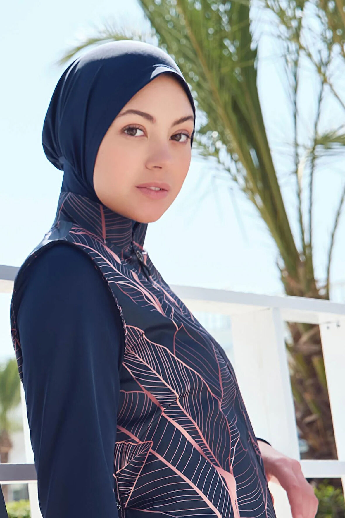 Haşema Yaprak Desenli Lacivert Jileli Tam Tesettür Mayo Üstü 6088