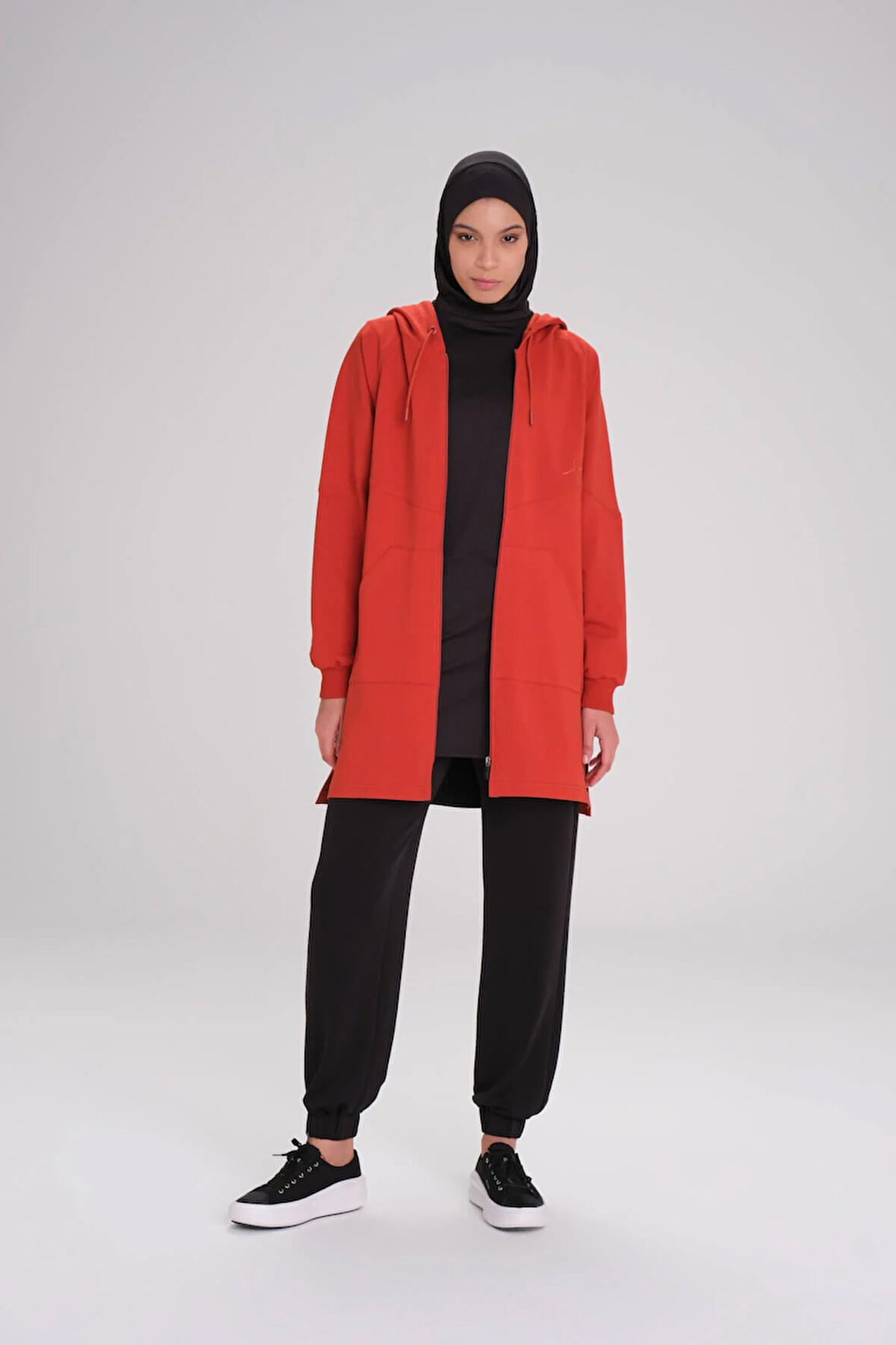 Haşema Yumuşak Dokulu Reglan Kapüşonlu Fermuarlı Kırmızı Basic Günlük Sweatshirt ACT-12