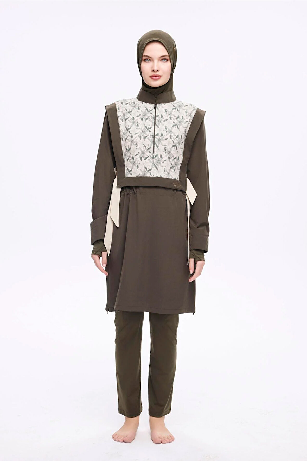 Haşema Kurdela Detaylı Haki 5 Parça Tam Tesettür Mayo Takımı 5008