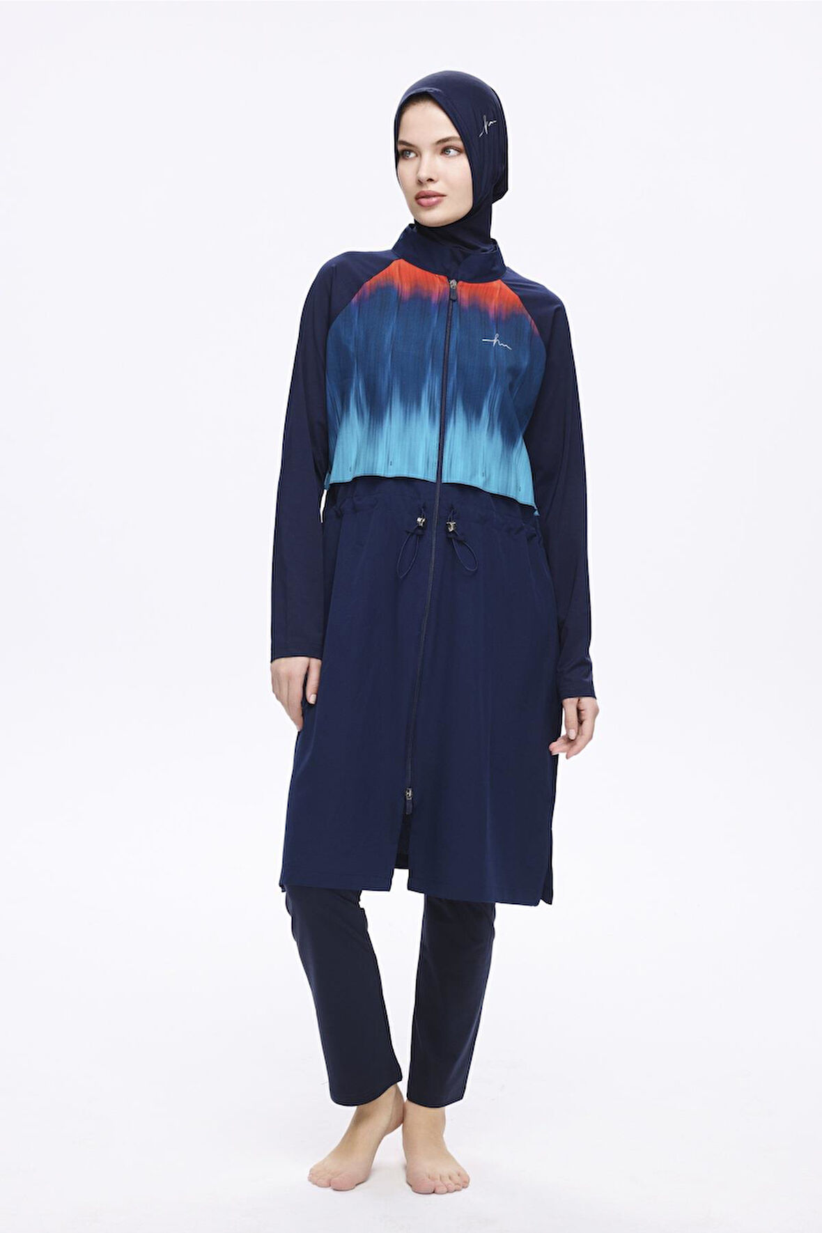 Haşema Lacivert Desenli 5 Parça Tam Tesettür Mayo Takımı 5019