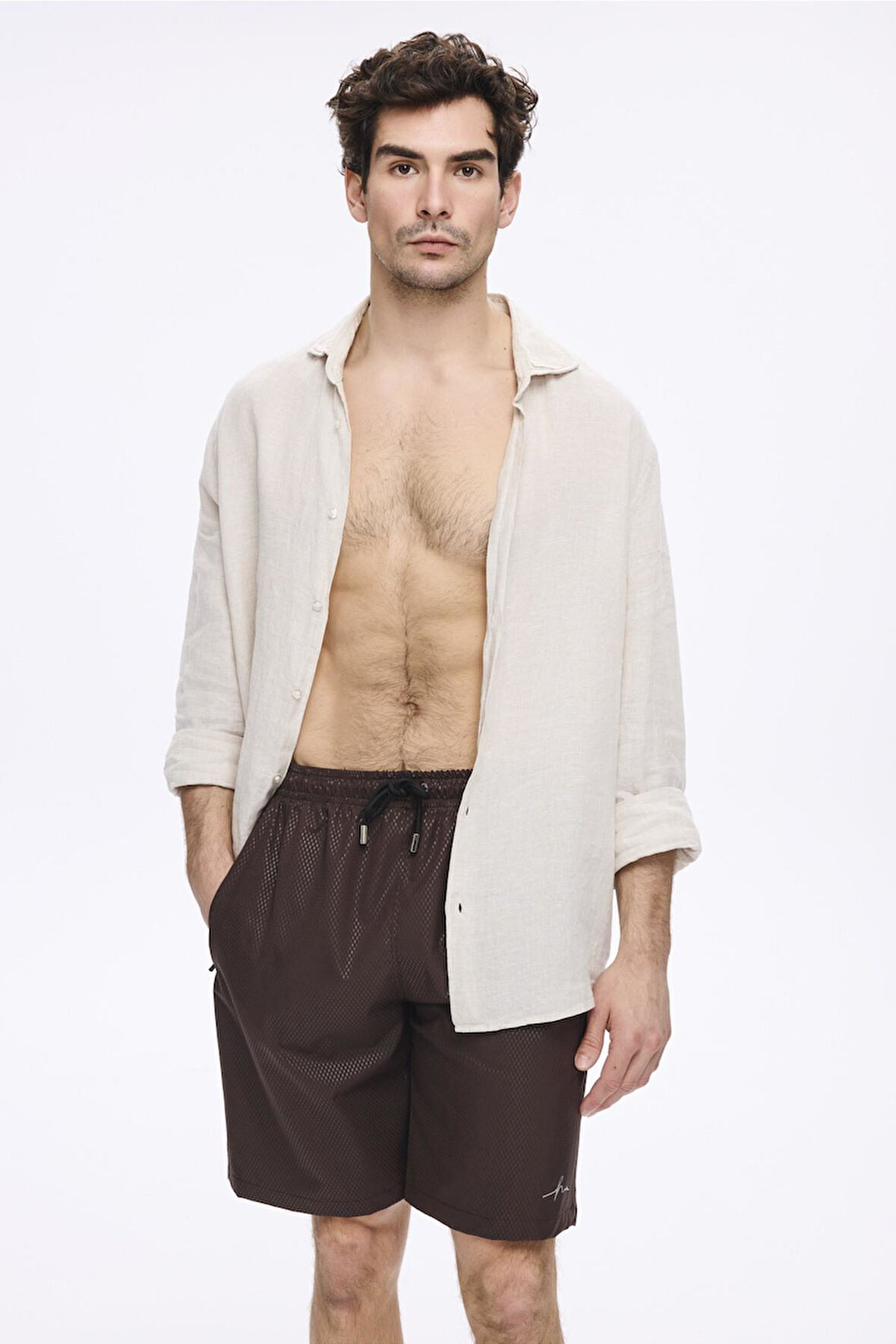 Haşema Dokulu Kumaş Kahverengi Erkek Kısa Havuz ve Deniz Şortu 5032