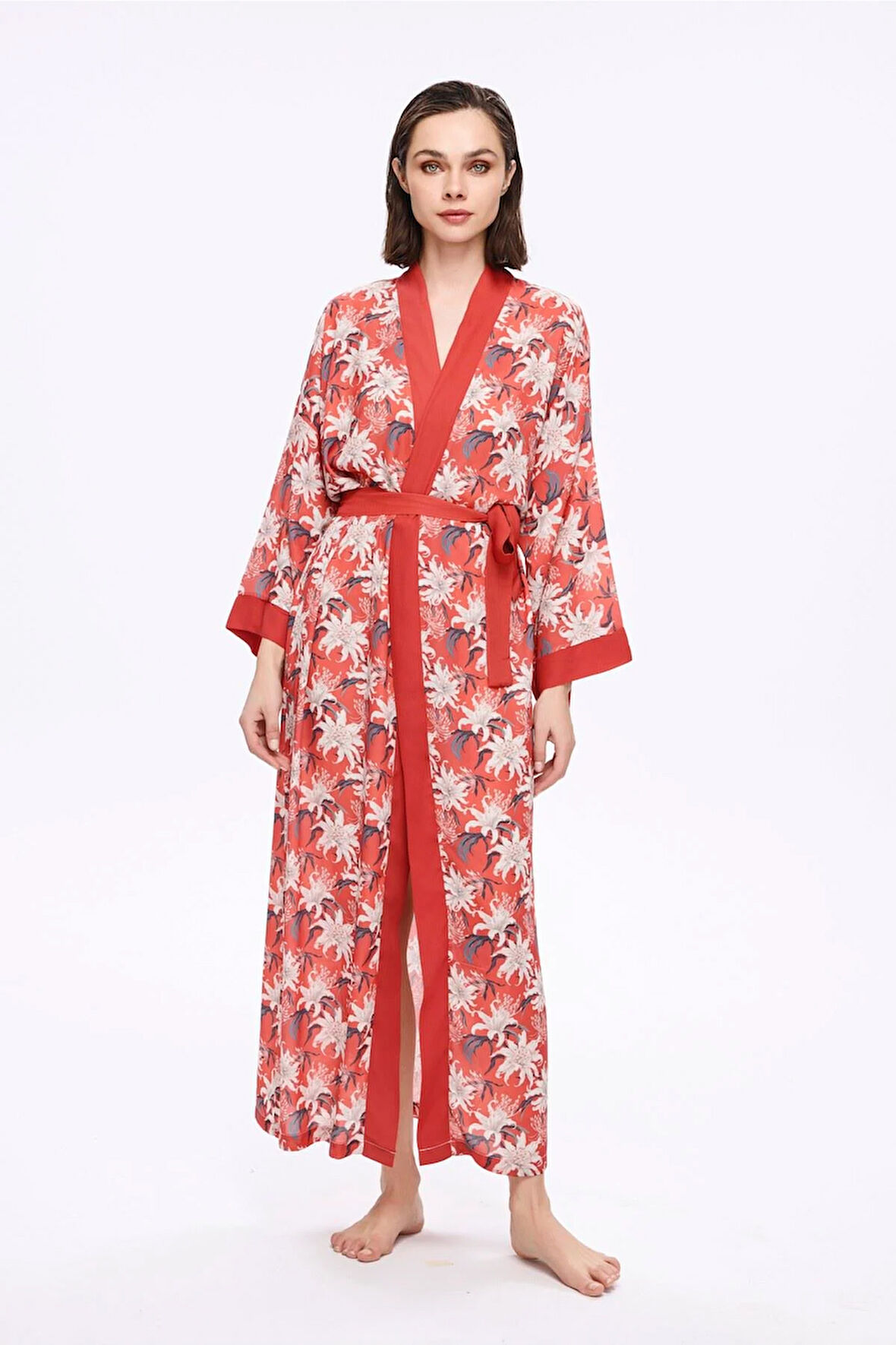 Haşema Nar Çiçeği Kırmızı Çiçek Desenli Uzun Kimono 5040