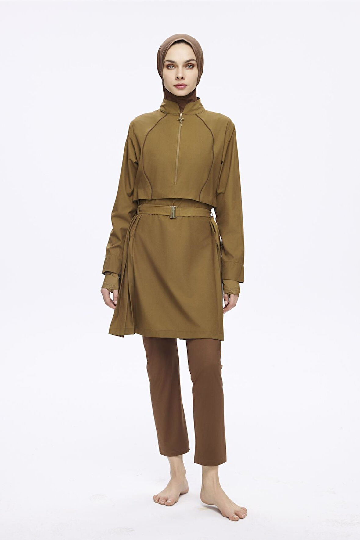 Haşema Kemer Toka Detaylı Yağ Yeşili 5 Parça Tam Tesettür Mayo Takımı 5034