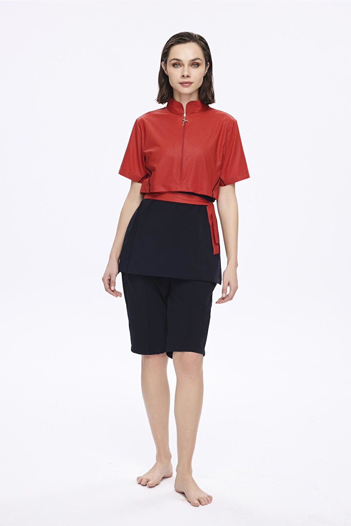 Haşema Kuşak Detaylı Dokulu Kumaş Kırmızı 5 Parça Yarı Kapalı Mayo Takımı 5046