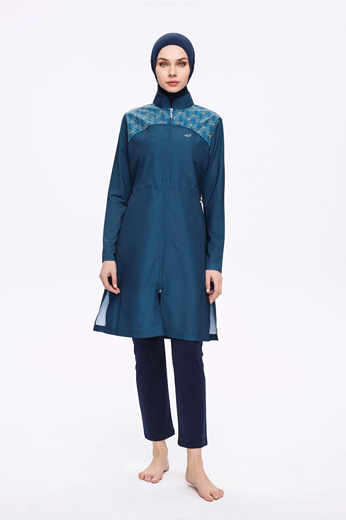 Nehar Omuz Bölgesi Desenli Petrol Mavisi 3 Parça Dokuma Tam Tesettür Mayo Takımı 2276