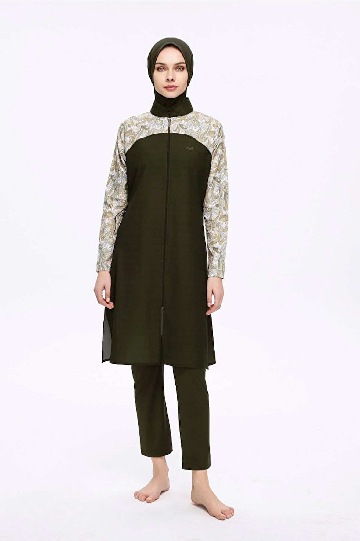 Nehar Kolları Desenli Haki 3 Parça Dokuma Tam Tesettür Mayo Takımı 2277