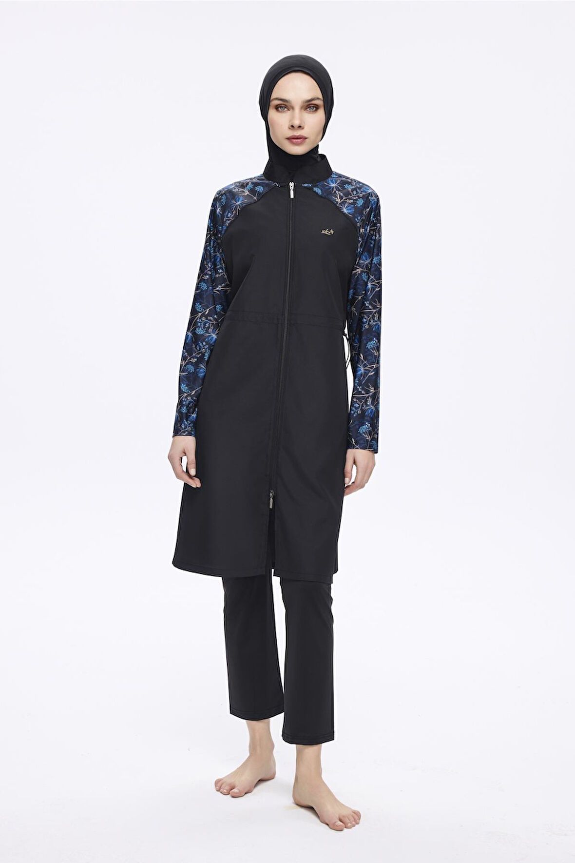 Nehar Kolları Mavi Desenli Siyah 3 Parça Dokuma Tam Tesettür Mayo Takımı 2278