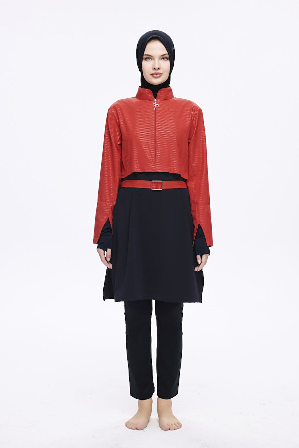 Haşema Kemer Toka Detaylı Dokulu Kumaş Kırmızı 5 Parça Tam Tesettür Mayo Takımı 5052