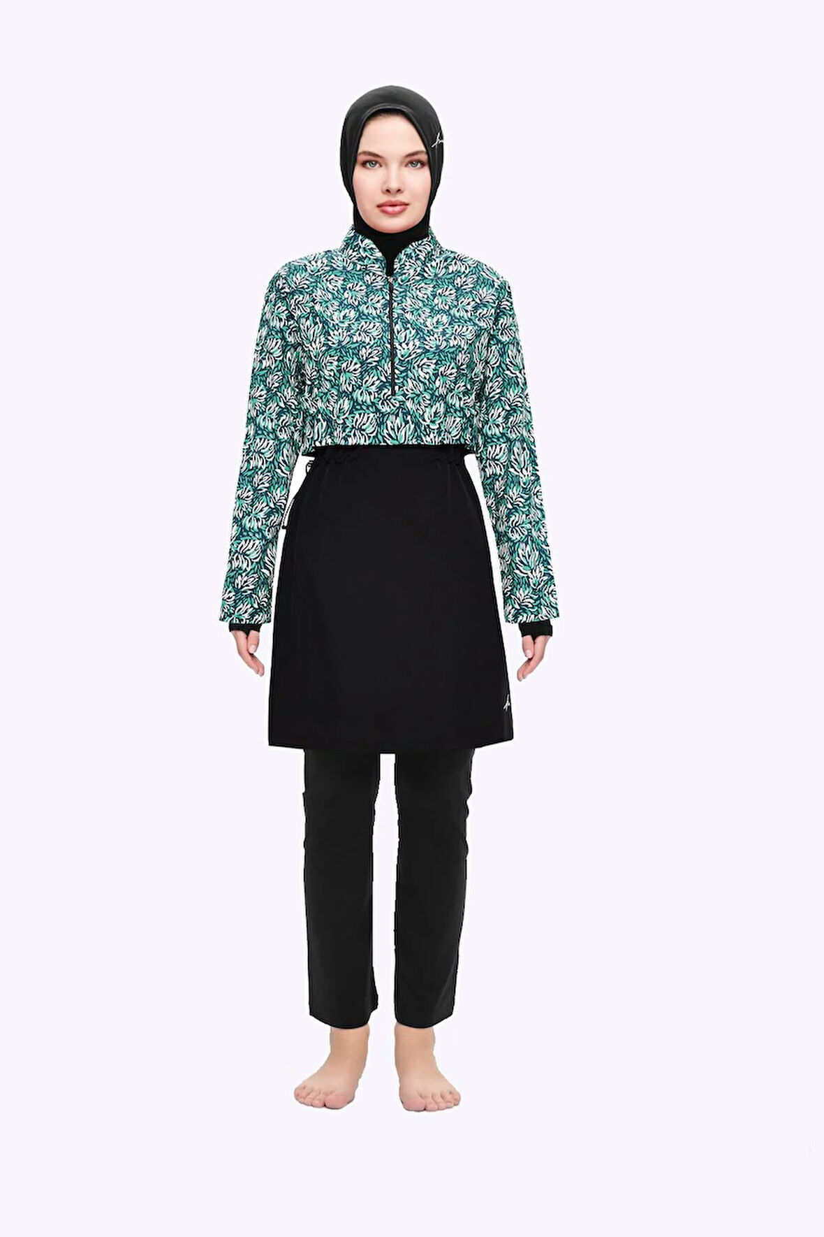 Haşema Esila Yeşil Çiçek Desenli 5 Parça Tam Tesettür Mayo Takımı 2934