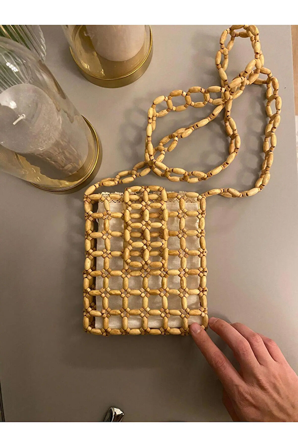 El Örmesi - Ahşap Detaylı  Çapraz Otantik Çanta- Günlük (Telefonluk) ,Özel Gün (Nikah,Düğün)