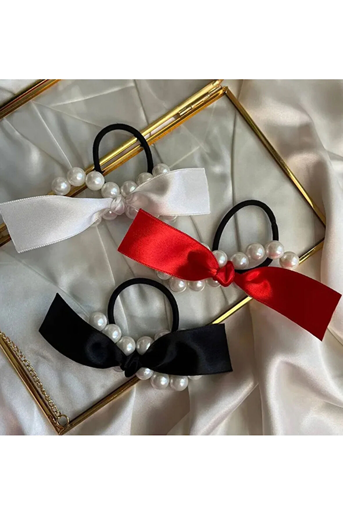 El Yapımı - Fiyonk Kurdele Detaylı, Incili 3'lü Toka Seti - Günlük ,Özel Gün (Nikah,Düğün)