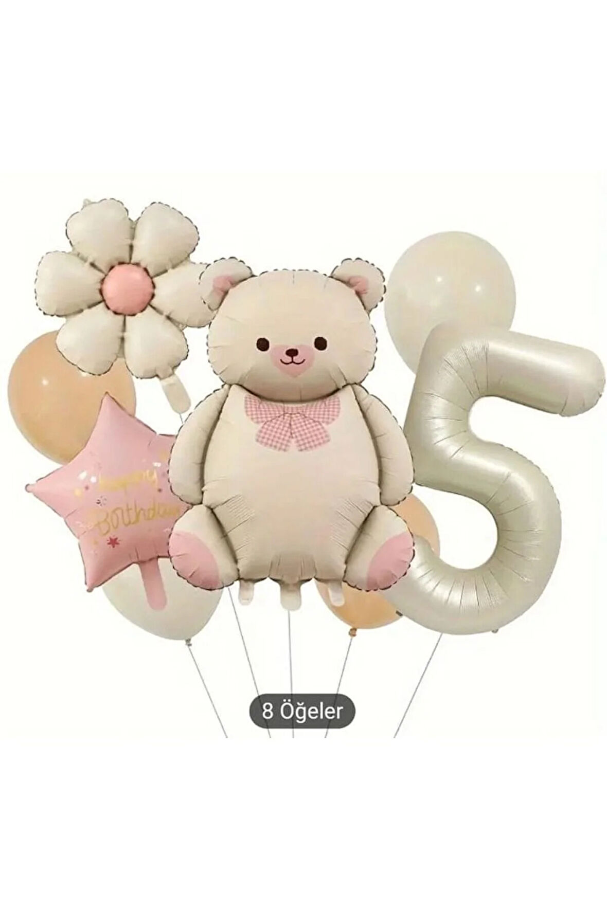 RETRO FİYONKLU AYI PEMBE YILDIZ FOLYO YAŞ BALON SET