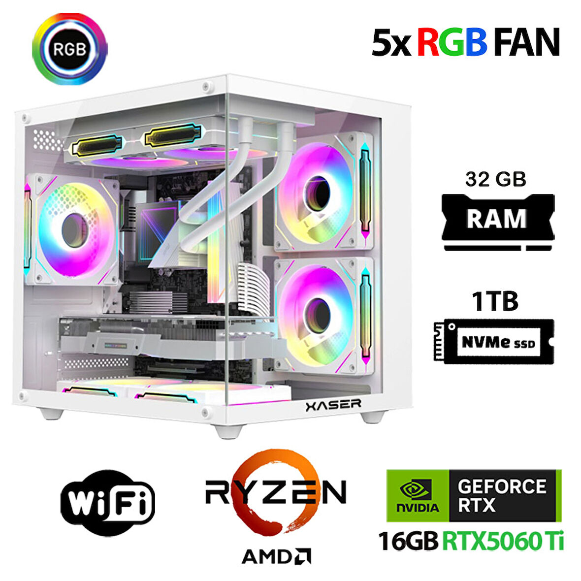 Xaser Eco X200 Ryzen 5 7500F 32GB DDR5 Ram 1TB M.2 NVMe SSD 16GB RTX5060Ti Oyuncu Masaüstü Bilgisayarı