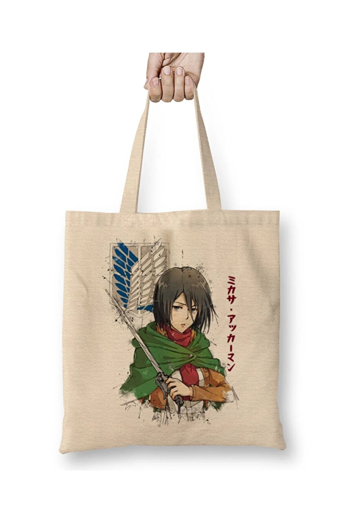 Mikasa Ackerman Attack On Titan Beyaz Bez Çanta Uzun Saplı Alışveriş Çantası Plaj Çantası