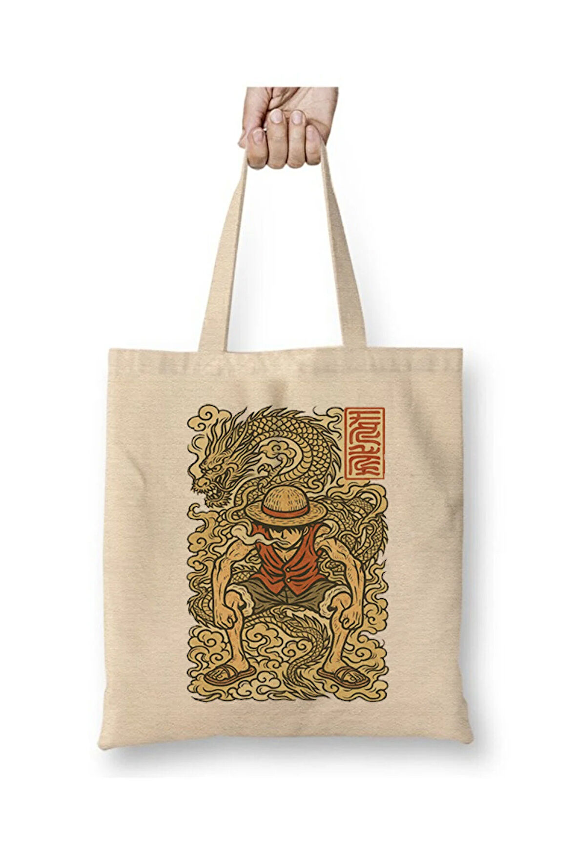 One Piece Luffy Beyaz Bez Çanta Uzun Saplı Alışveriş Çantası Plaj Çantası