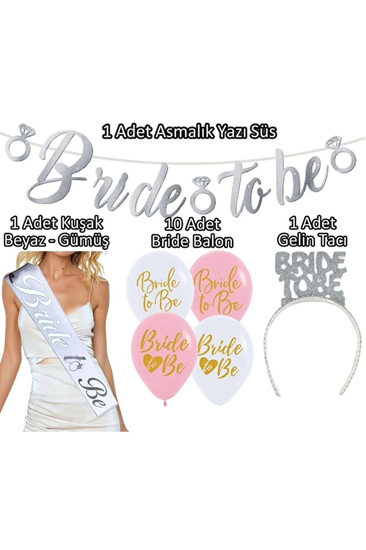 Gümüş Bride To Be Seti Bekarlığa Veda Partisi Malzemeleri Kuşak Taç Balon Süsleri