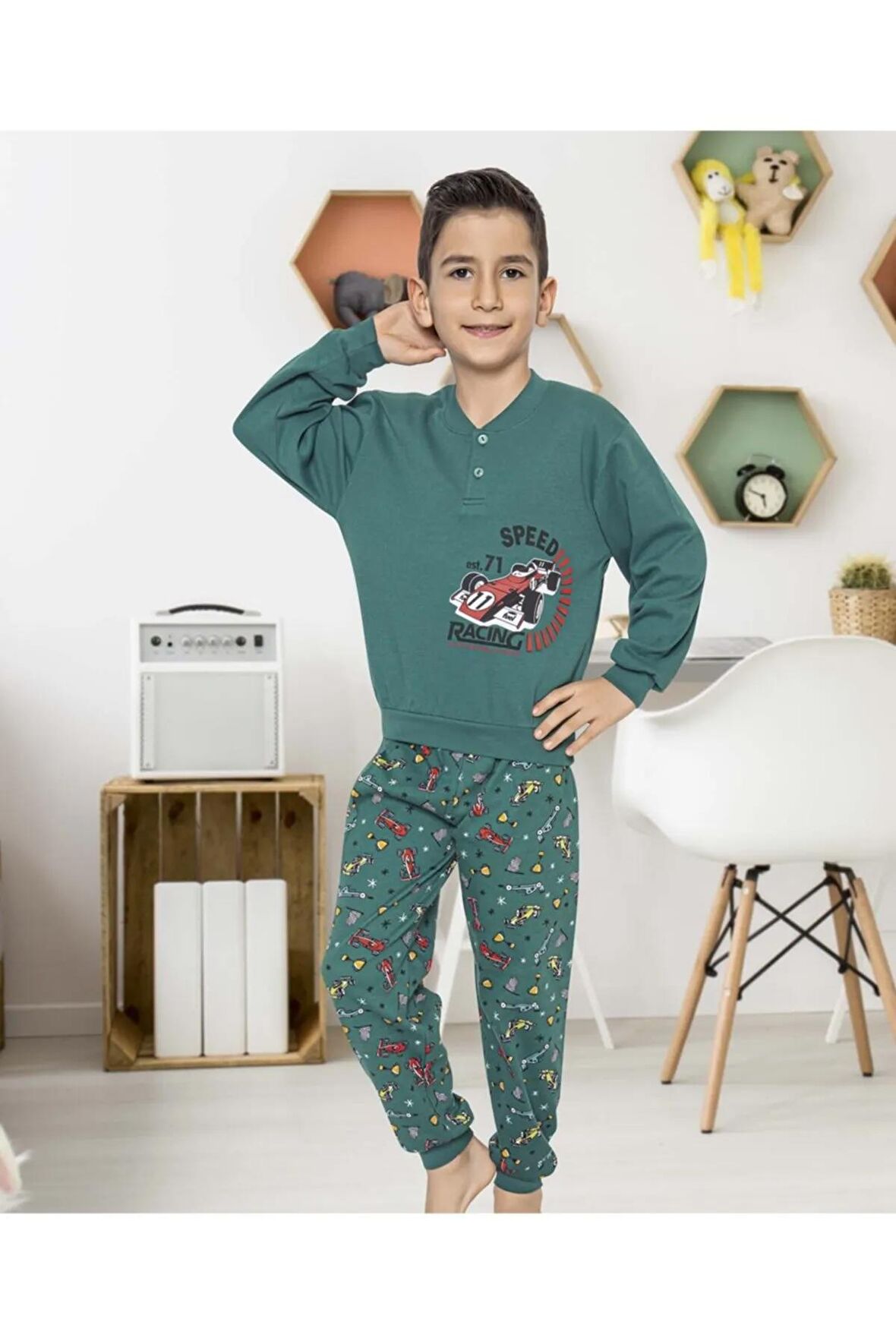 Erkek Çocuk Interlok Yeşil Pijama Takımı