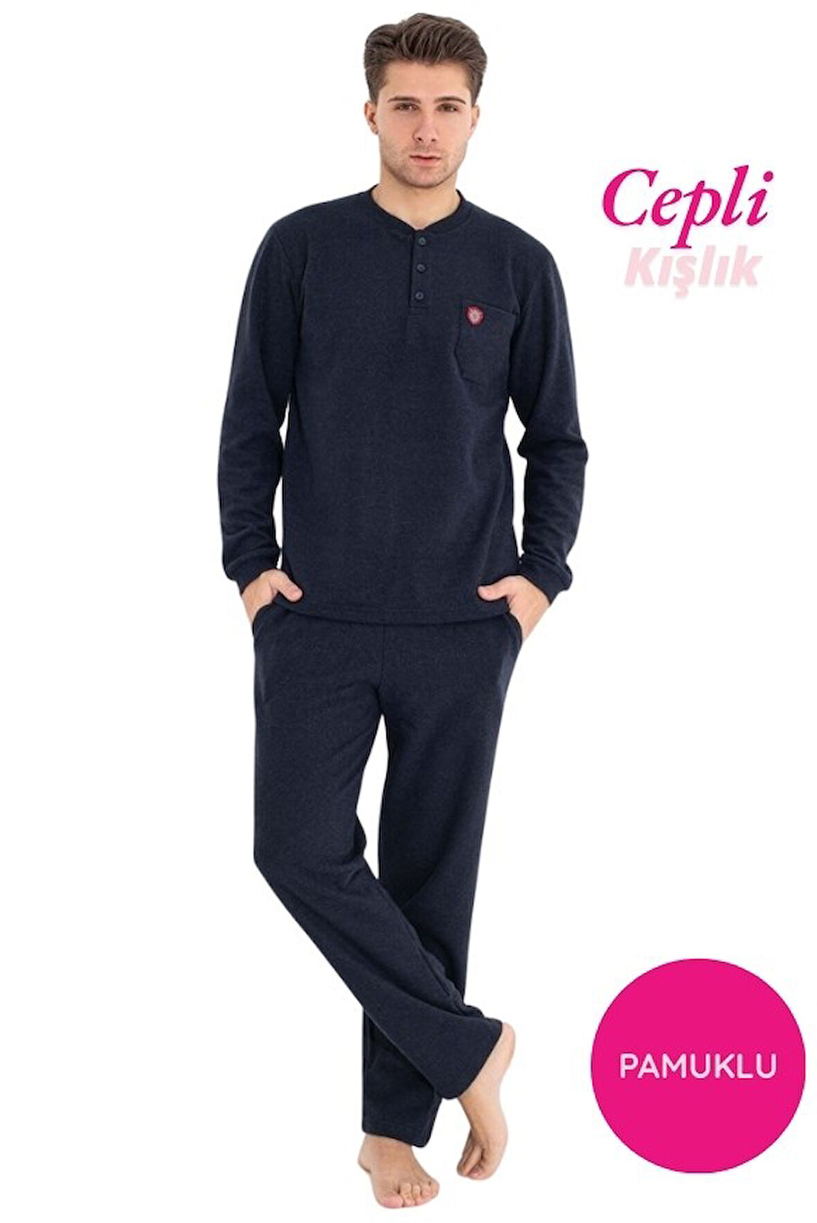 Guava Erkek 3 Düğme Göğüs Cepli Kışlık Pamuklu Selanik Kumaş Uzun Manşetli Kol Cepli Pijama Takımı 