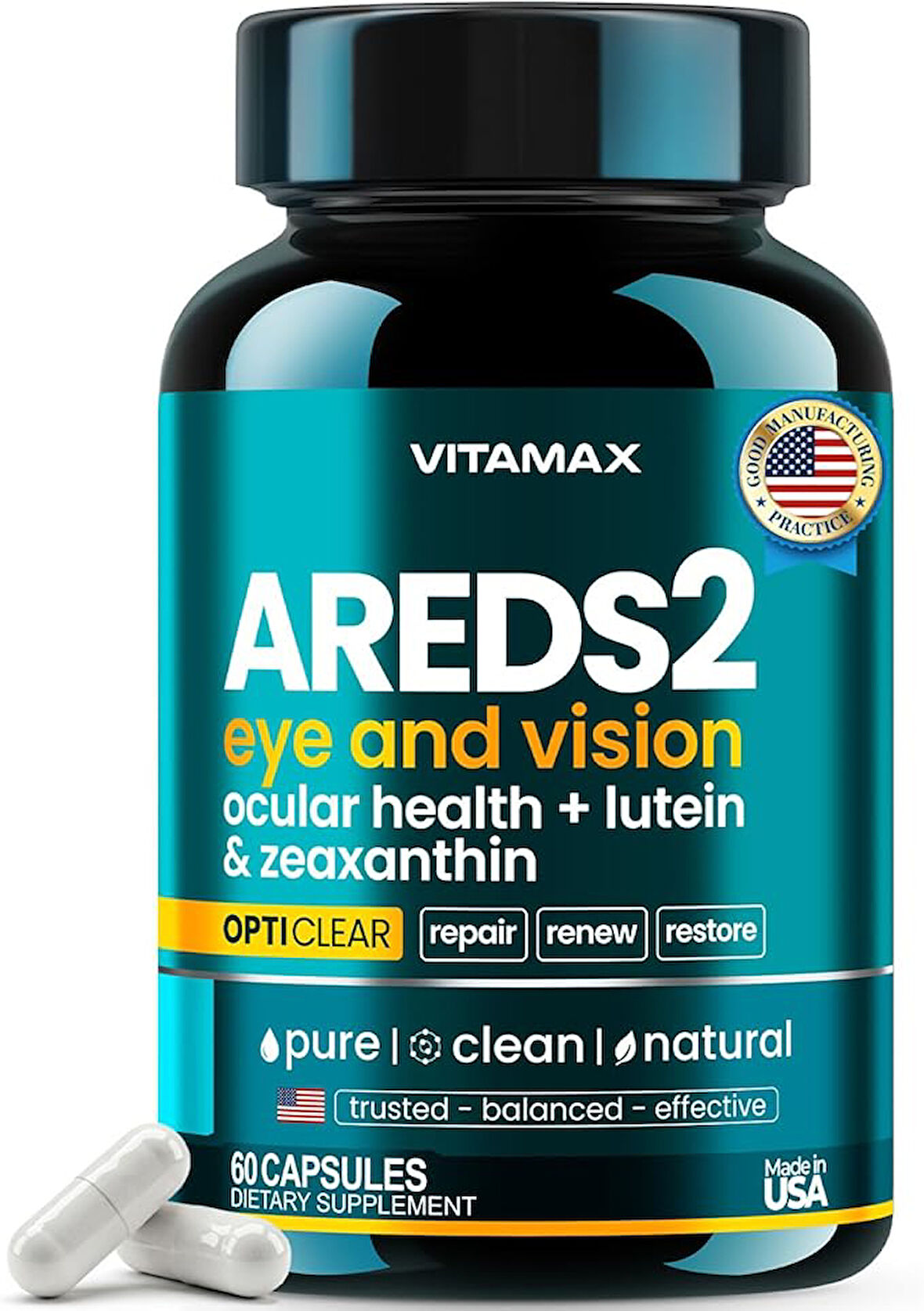 AREDS 2 Eye Vitamins - Lutein, Zeaxanthin, Bilberry, Astaxanthin Mineral Vision 60 Kapsül