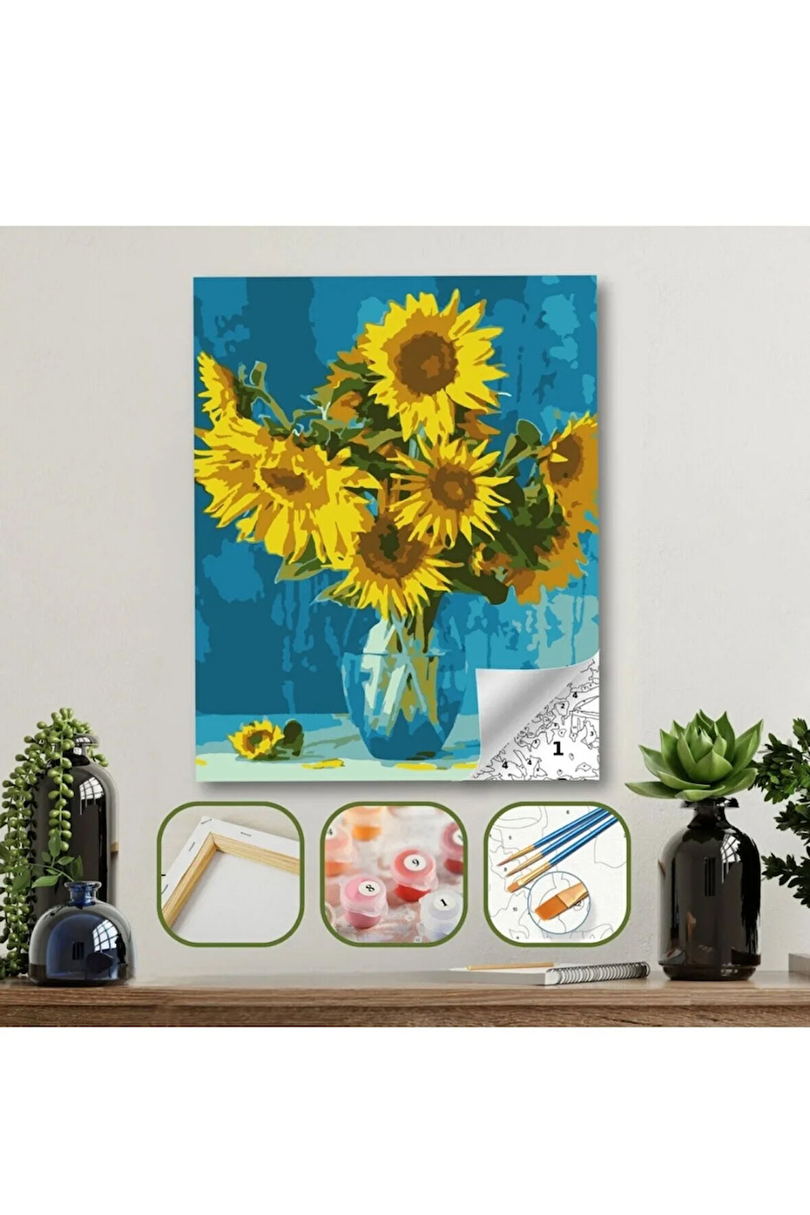 Sayılarla Boyama Seti 40x50 Cm (Çıtalı) Fırça Boya Dahil Numaralı Tuval Cam Vazo Ayçiçegi