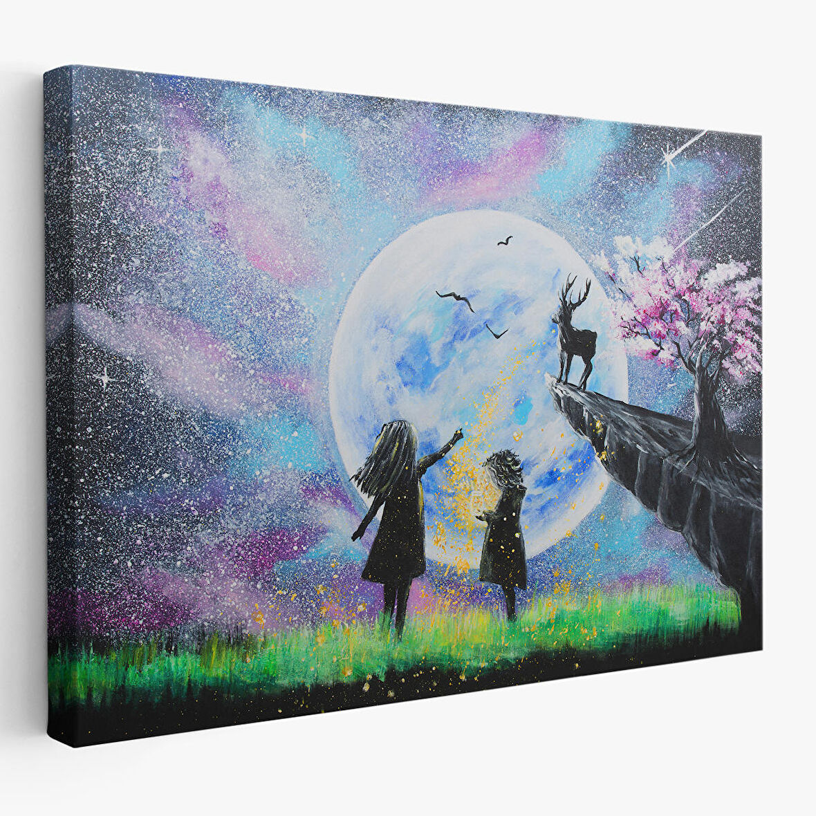 Gece Ay'ı İzleyen Çocuklar Duvar Tablosu-3470