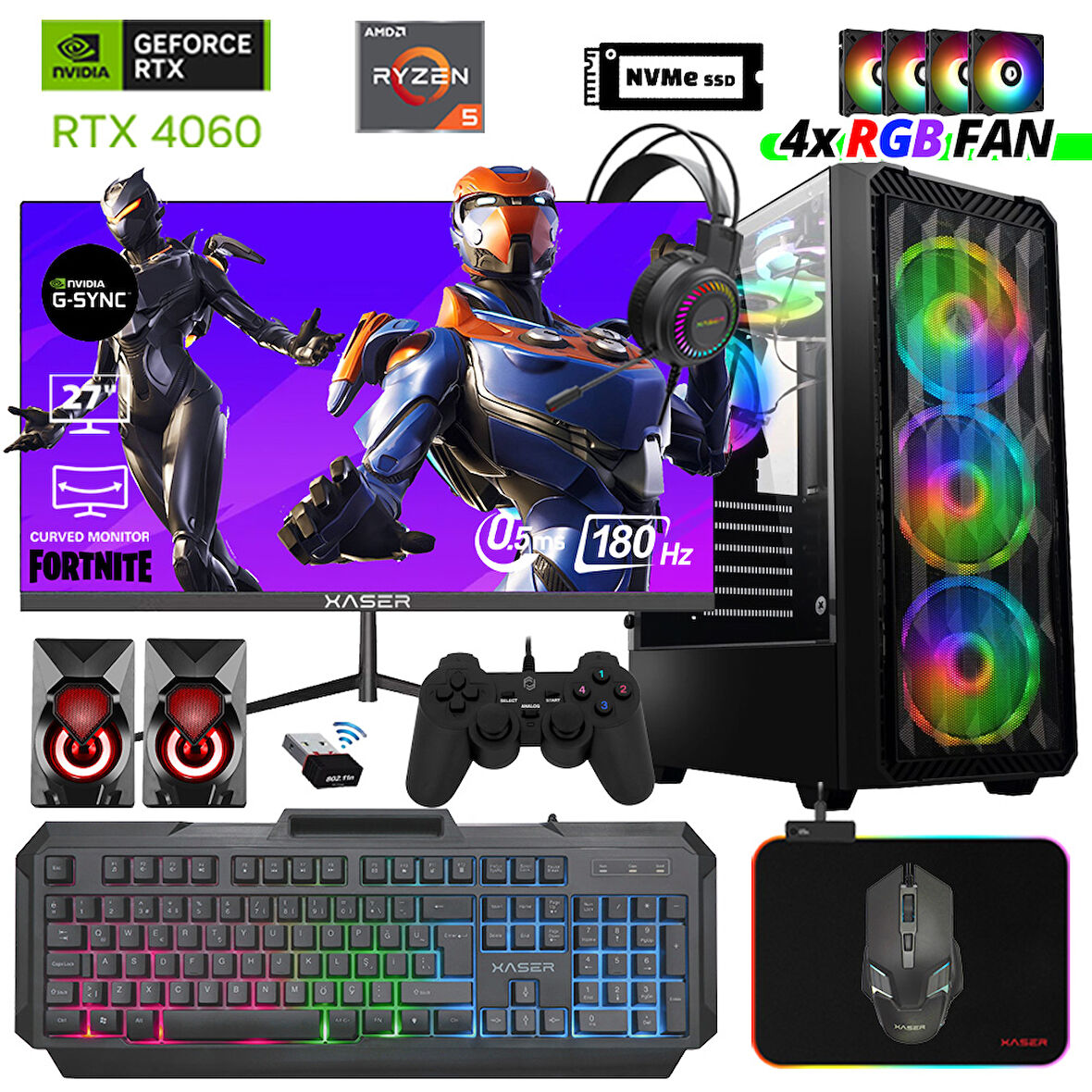 Xaser Delux X52 Ryzen 5 7500F 16GB DDR5 Ram 512GB M.2 NVMe SSD 8GB RTX4060 27" 180Hz Masaüstü Oyuncu Bilgisayarı