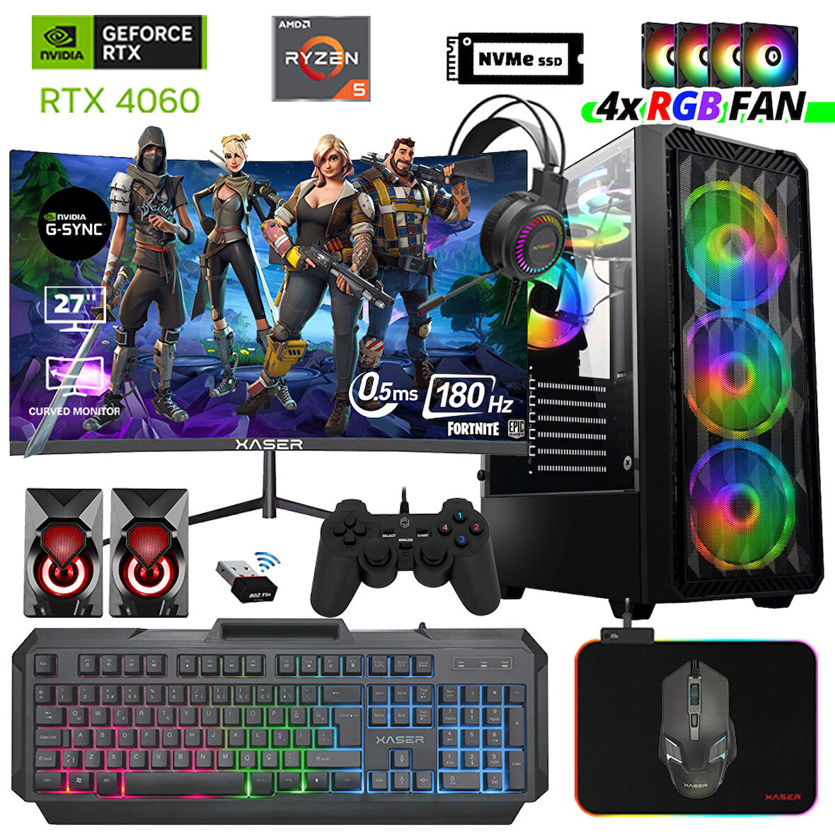 Xaser Delux X50 Ryzen 5 8400F 16GB DDR5 Ram 512GB M.2 NVMe SSD 8GB RTX4060 27" 180Hz Masaüstü Oyuncu Bilgisayarı