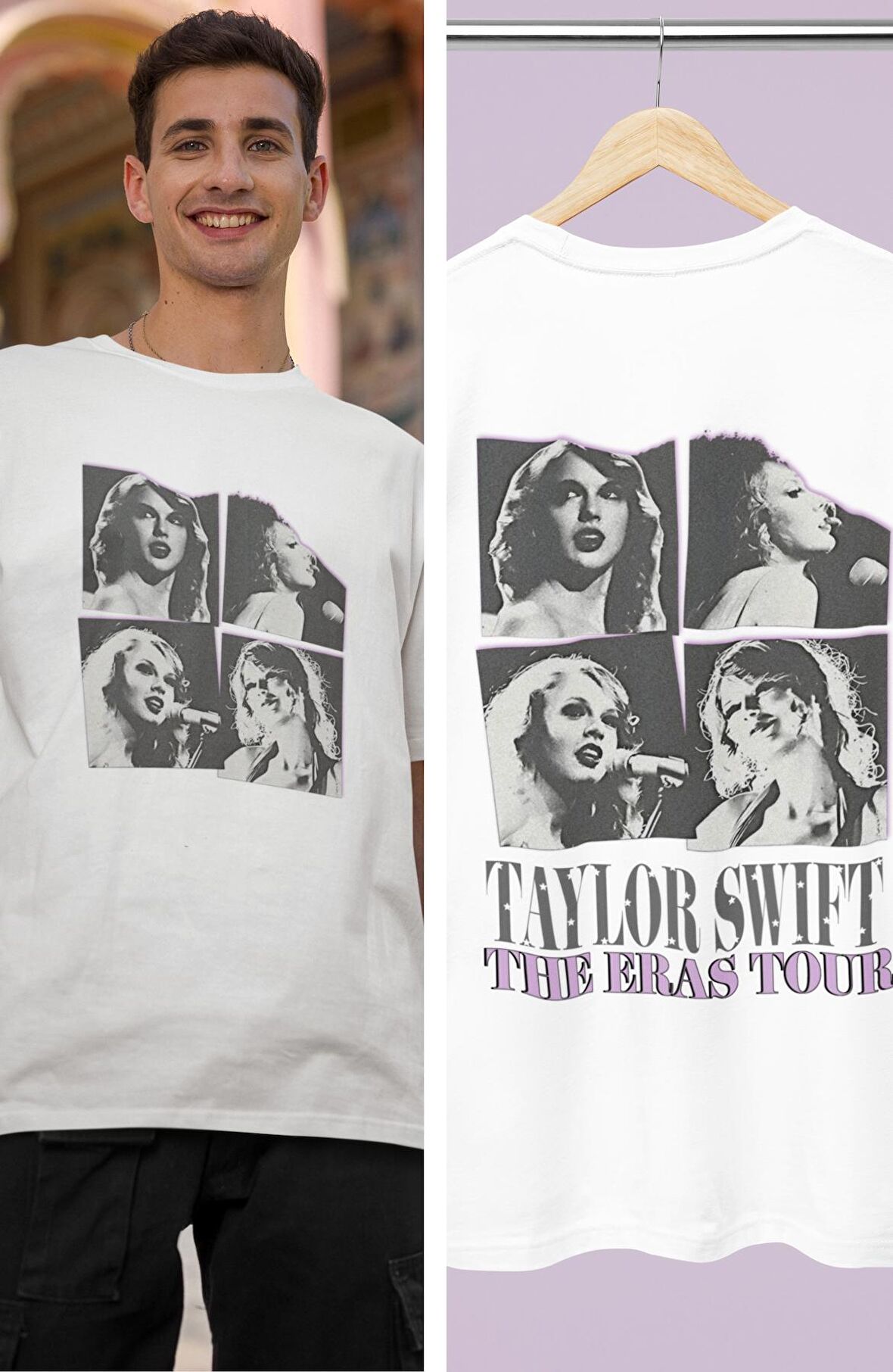 Unisex Oversize Mor Taylor Swift Yazılı Tshirt, Taylor Swift Yıldızlı Sırt Baskılı Tişört