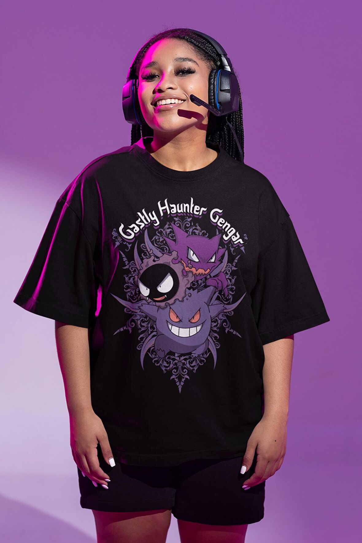 Unisex Oversize Gengar Baskılı Tişört, Erkek-Kadın Pokemon Baskılı T-Shirt