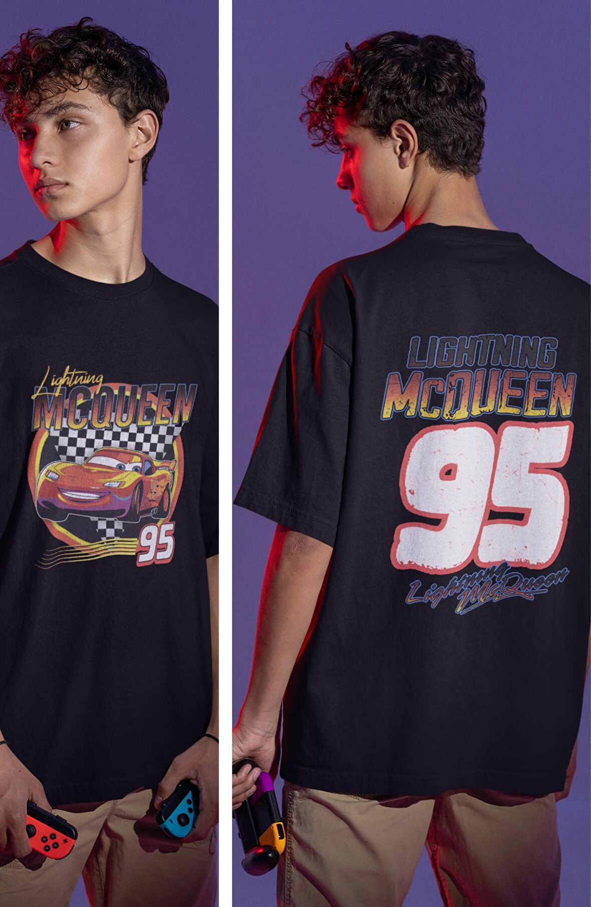 Şimşek McQueen 95 Sırt Baskılı Tshirt, Erkek-Kadın Oversize Lightning McQeen Yazılı Tişört