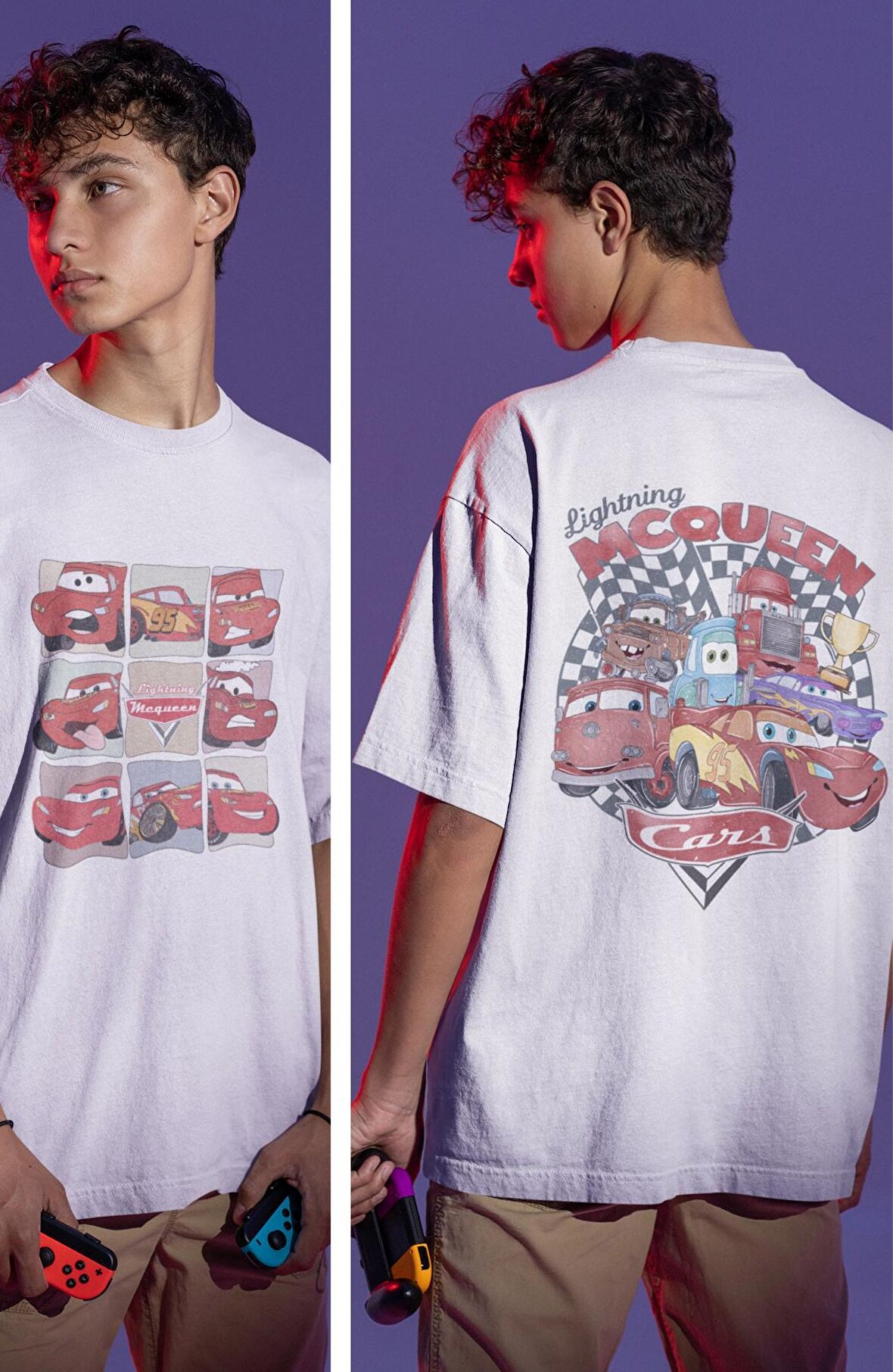 Cars Sırt Baskılı Tshirt, Erkek-Kadın Oversize Lightning McQeen Arabalar Baskılı Tişört