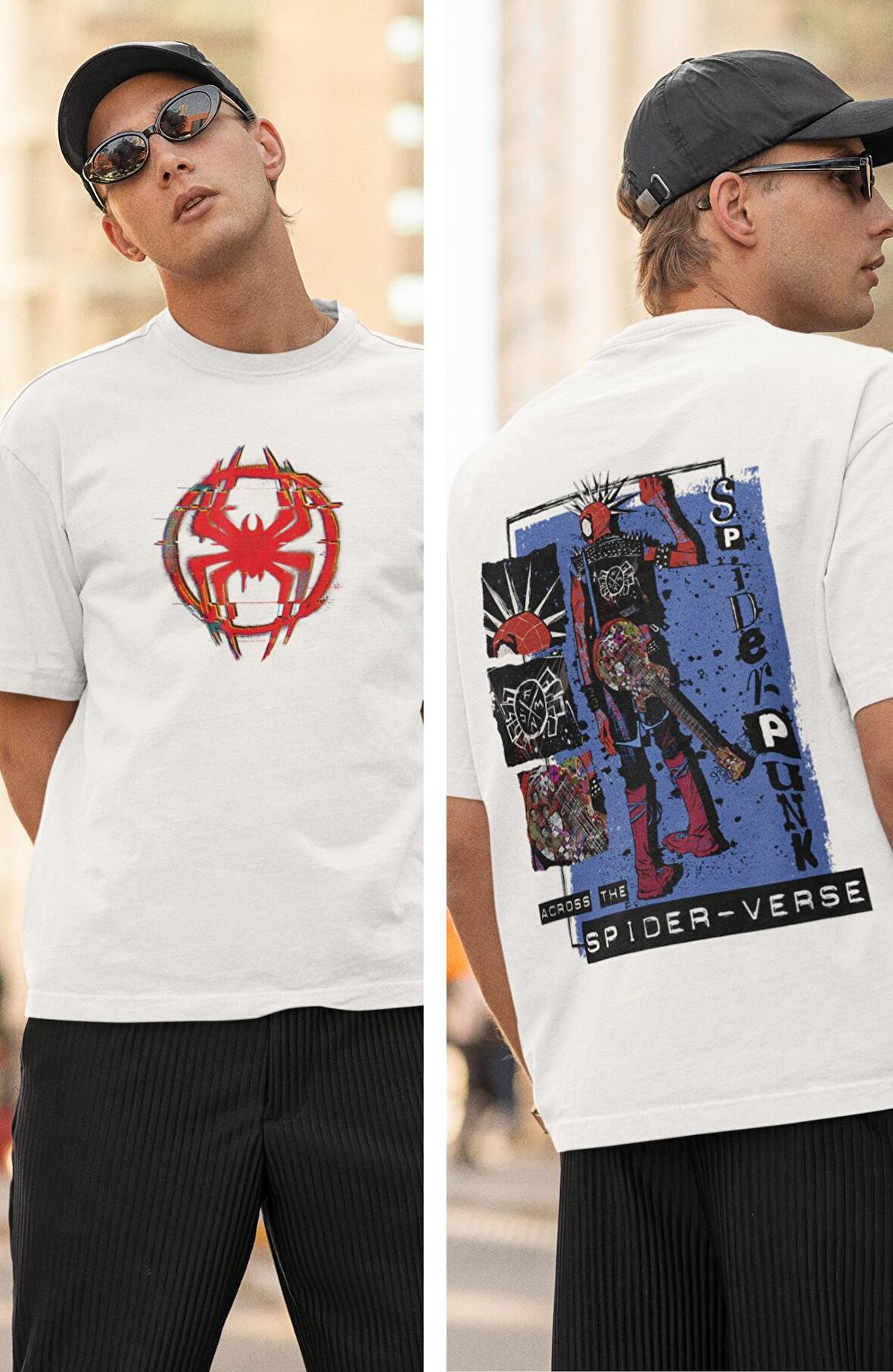 Spider-Verse Spider Punk Sırt Baskılı Tişört, Erkek-Kadın Oversize Örümcek Adam Baskılı Tshirt