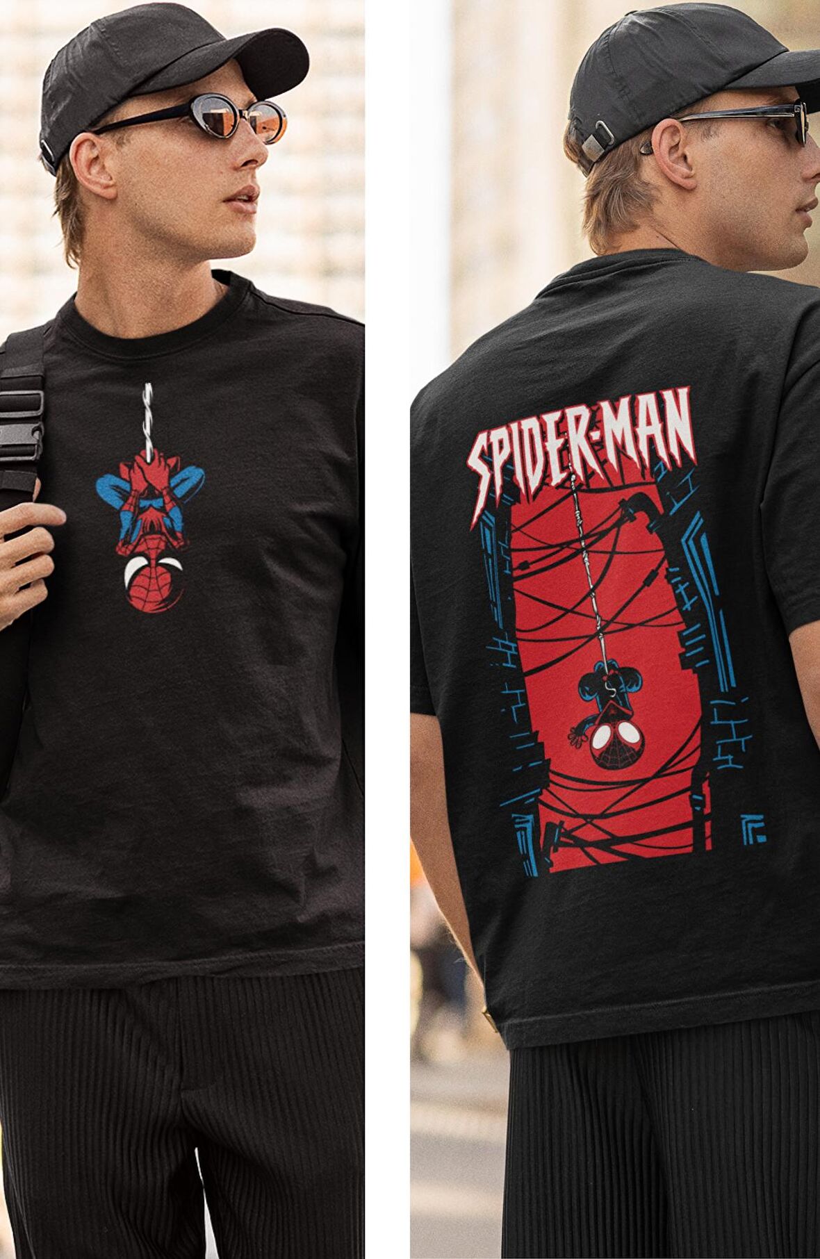 Sevimli Örümcek Adam Sırt Baskılı Tişört, Unisex Oversize Spider-Man Baskılı T-shirt