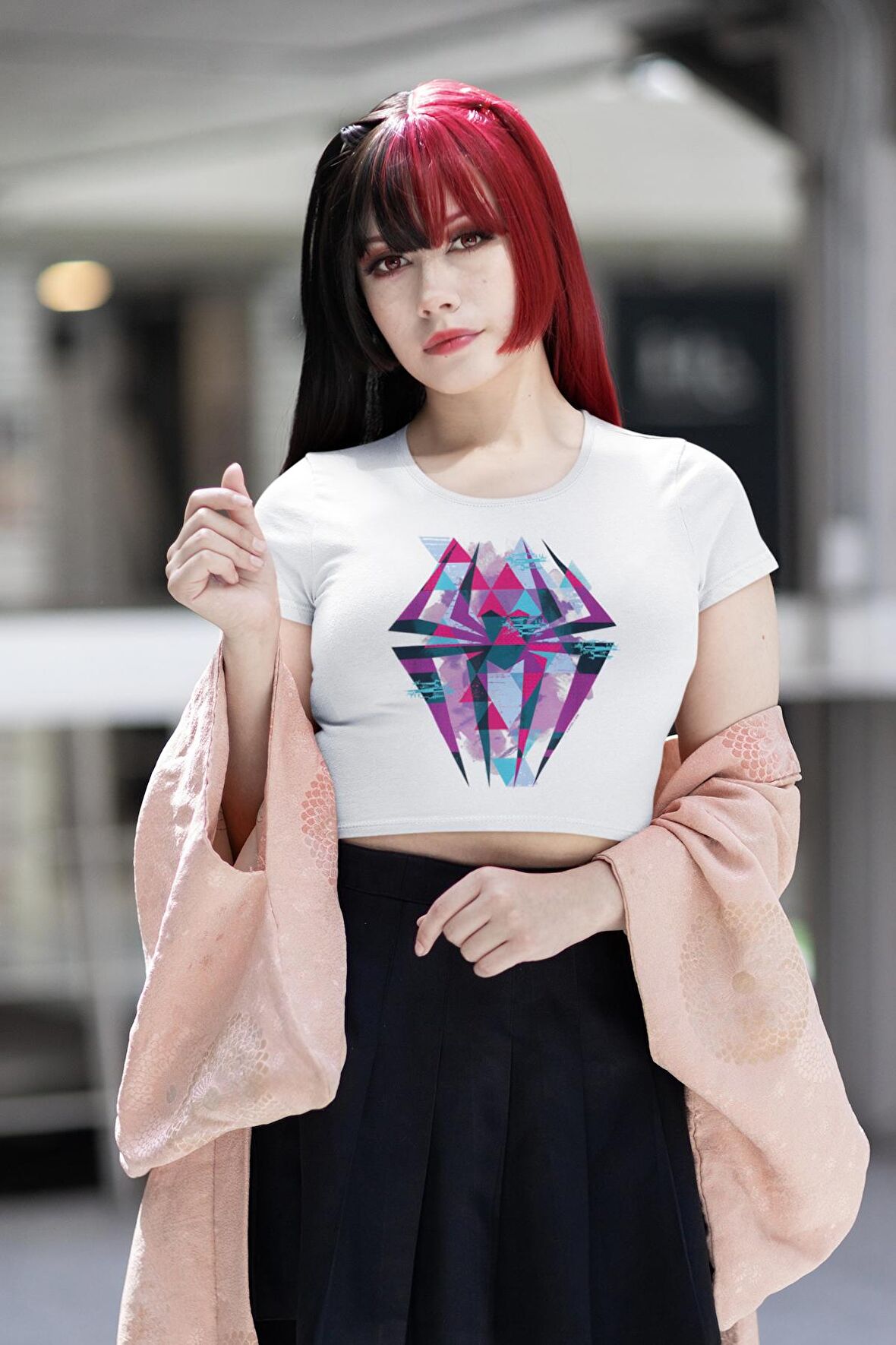 Spider Gwen Logo Baskılı Crop Top, Spiderverse Baskılı Crop Bluz