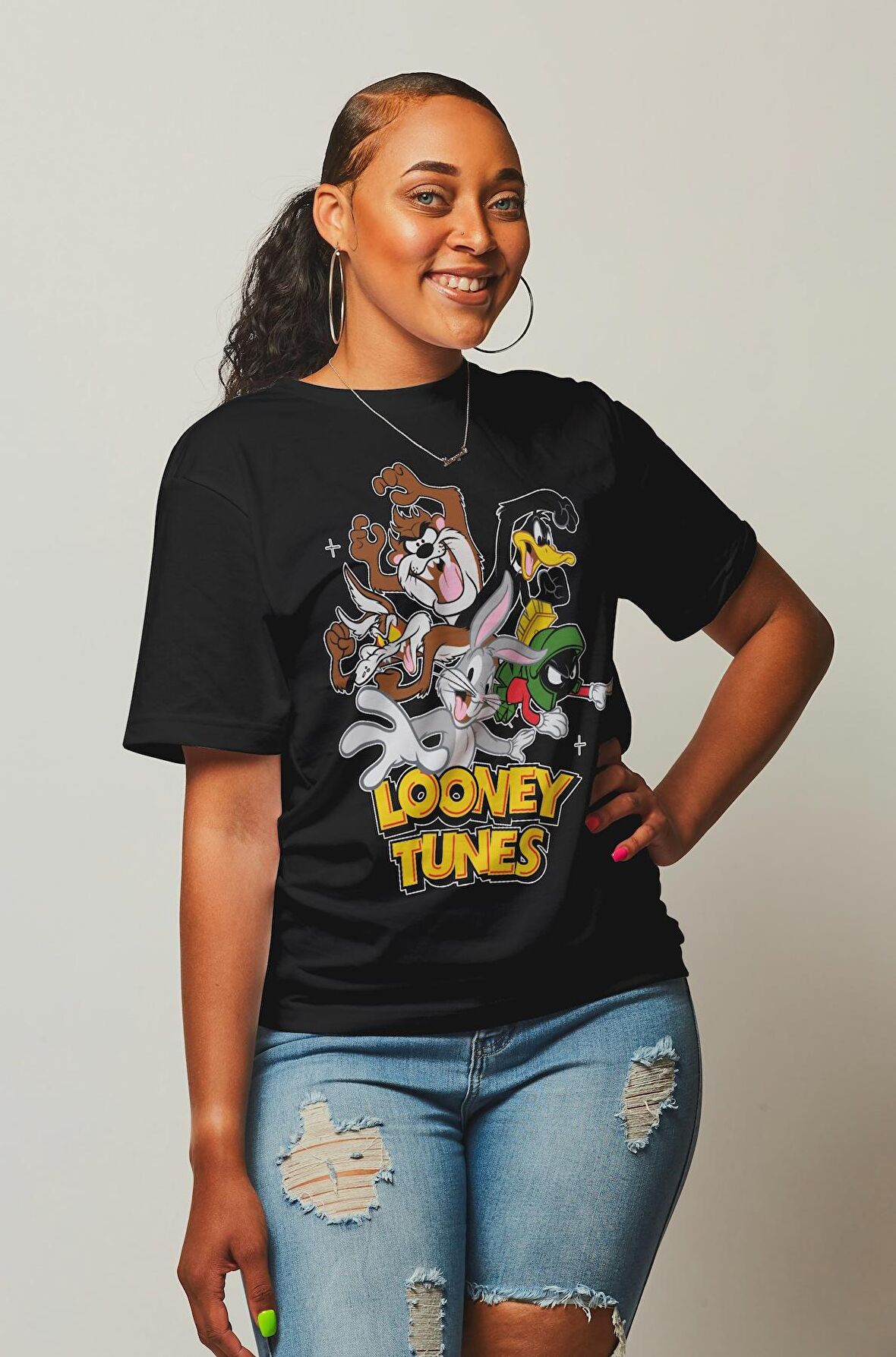 Looney Tunes Yazılı Tshirt, Erkek-Kadın Çizgi Film Karakterleri Baskılı Tişört