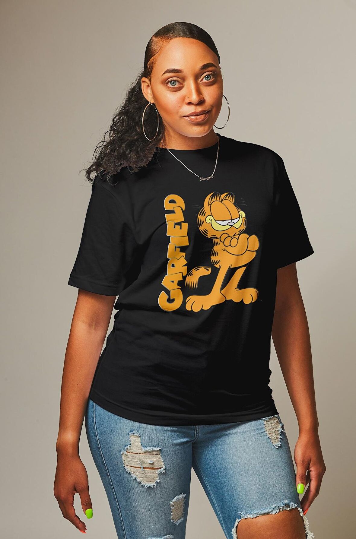 Garfield Baskılı Tshirt, Erkek-Kadın Çizgi Film Karakteri Baskılı Tişört