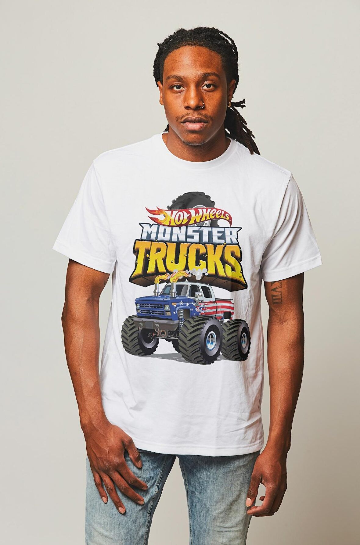 Unisex Hot Wheels Monster Trucks Baskılı Tişört, Hot Wheels Yazılı T-shirt