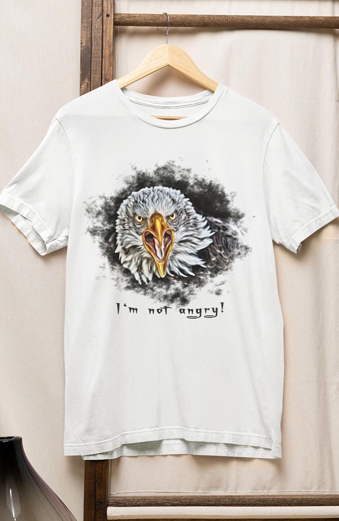 Unisex Oversize Kartal Baskılı Tişört, I'm Not Angry Yazılı T-Shirt